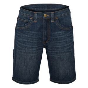 Blue denim shorts with multiple pockets, belt loops, and a button closure.