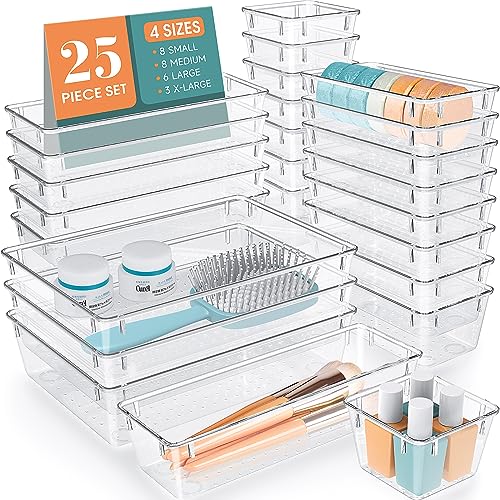 A set of clear plastic bins in four sizes designed for organizing drawers, with various items displayed as examples of use.