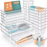 A set of clear plastic bins in four sizes designed for organizing drawers, with various items displayed as examples of use.