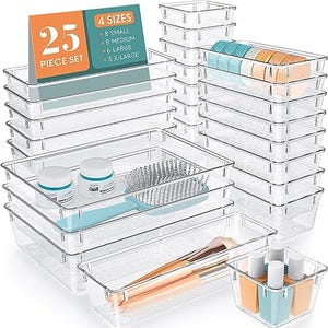 A set of clear plastic bins in four sizes designed for organizing drawers, with various items displayed as examples of use.