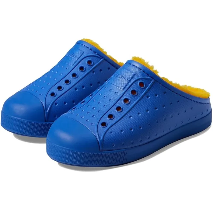 Bright blue slip-on shoes with a perforated design, featuring a warm yellow lining.