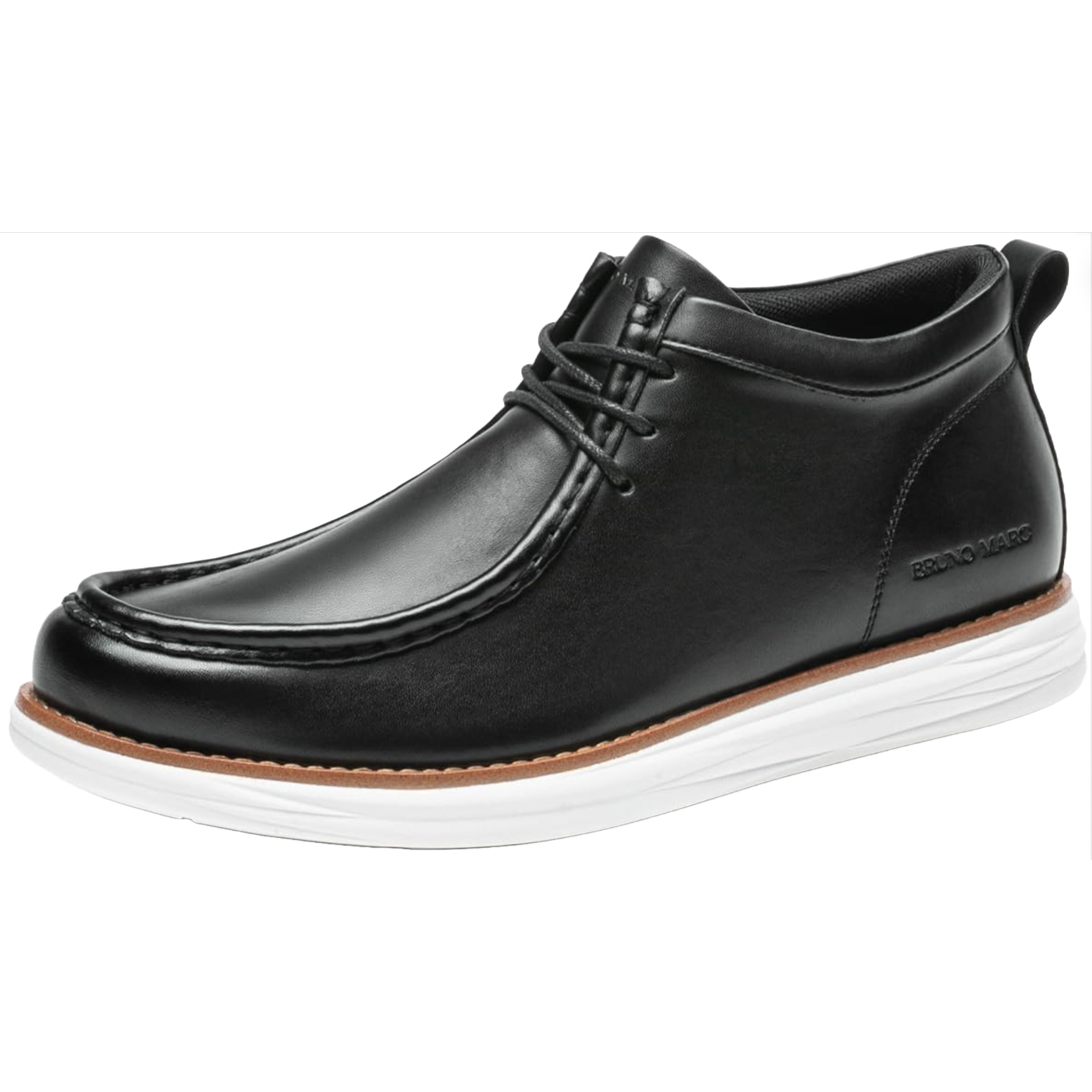 Black men's chukka boots with a sleek design, featuring a smooth leather upper, lace-up closure, and contrasting white rubber soles with a tan accent.