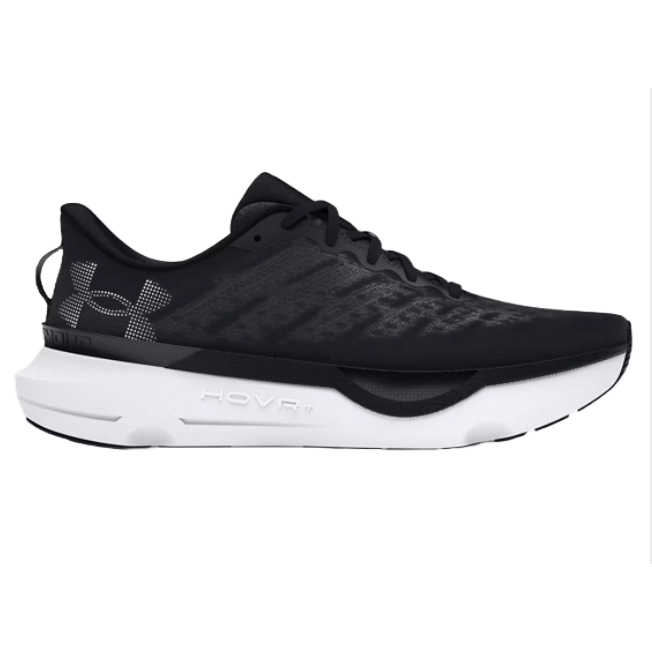 Black and white Under Armour HOVR running shoe with a sleek design and breathable upper material.
