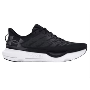 Black and white Under Armour HOVR running shoe with a sleek design and breathable upper material.