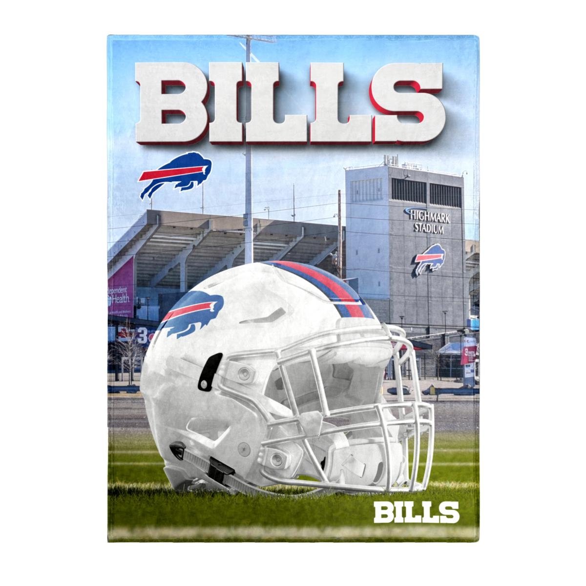 A canvas throw featuring the \“Bills\“ NFL team with their logo, a football helmet, and Highmark Stadium in the background.
