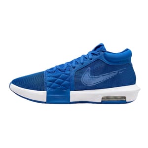 Blue Nike basketball shoe with a white sole, featuring a visible air unit and mesh upper design.