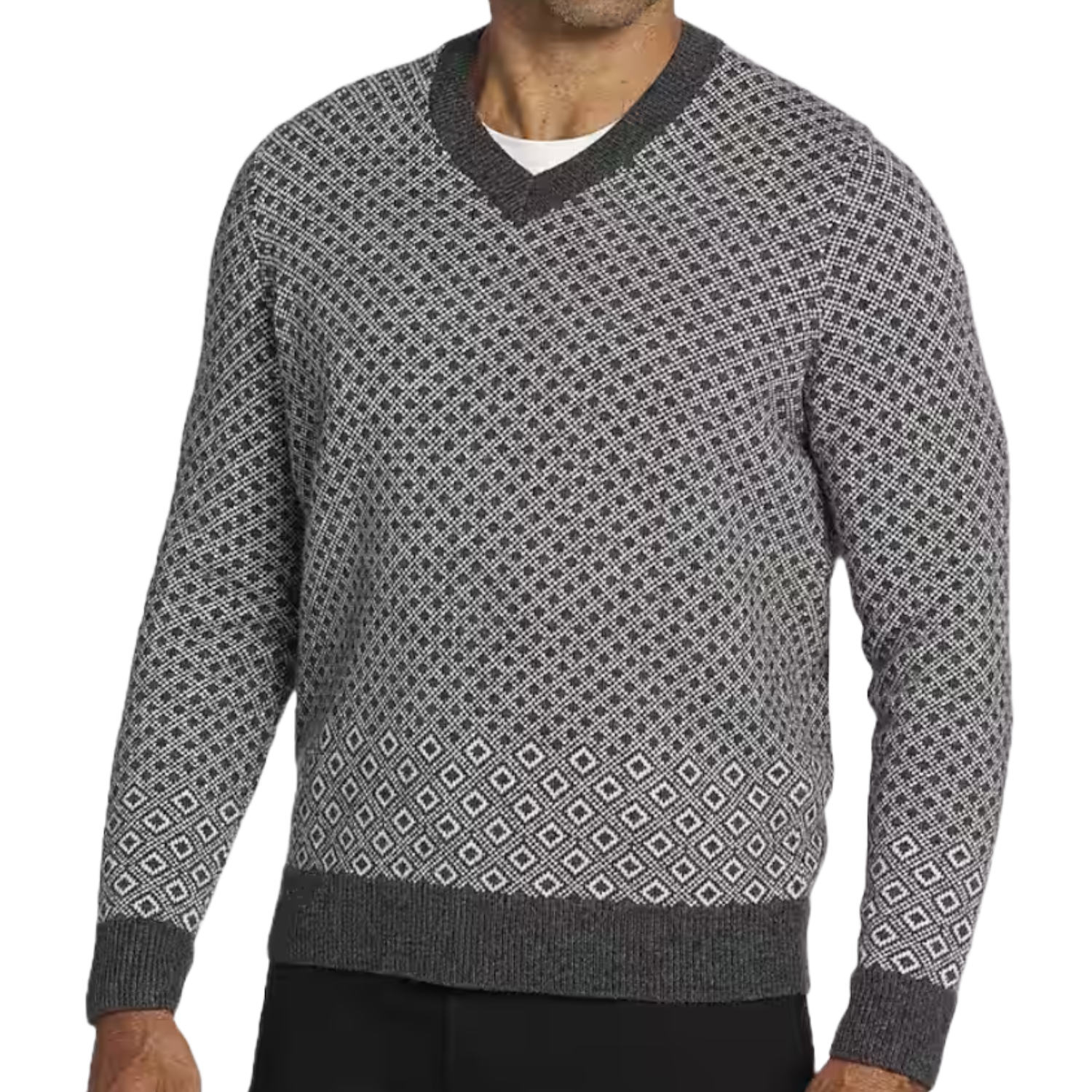Jos. A. Bank Diamond Jacquard Sweater features a gray and white diamond pattern with a V-neck and ribbed cuffs and hem, offering a classic and sophisticated look.