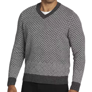 Jos. A. Bank Diamond Jacquard Sweater features a gray and white diamond pattern with a V-neck and ribbed cuffs and hem, offering a classic and sophisticated look.