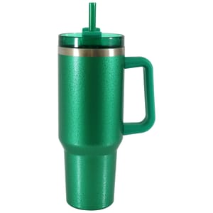 A green insulated tumbler with a handle, stainless steel rim, and a straw.