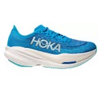 A bright blue Hoka running shoe with a white and blue sole. Features include a mesh upper and the Hoka logo on the side.