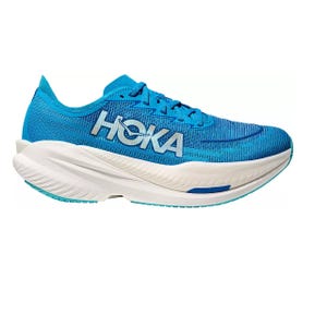 A bright blue Hoka running shoe with a white and blue sole. Features include a mesh upper and the Hoka logo on the side.