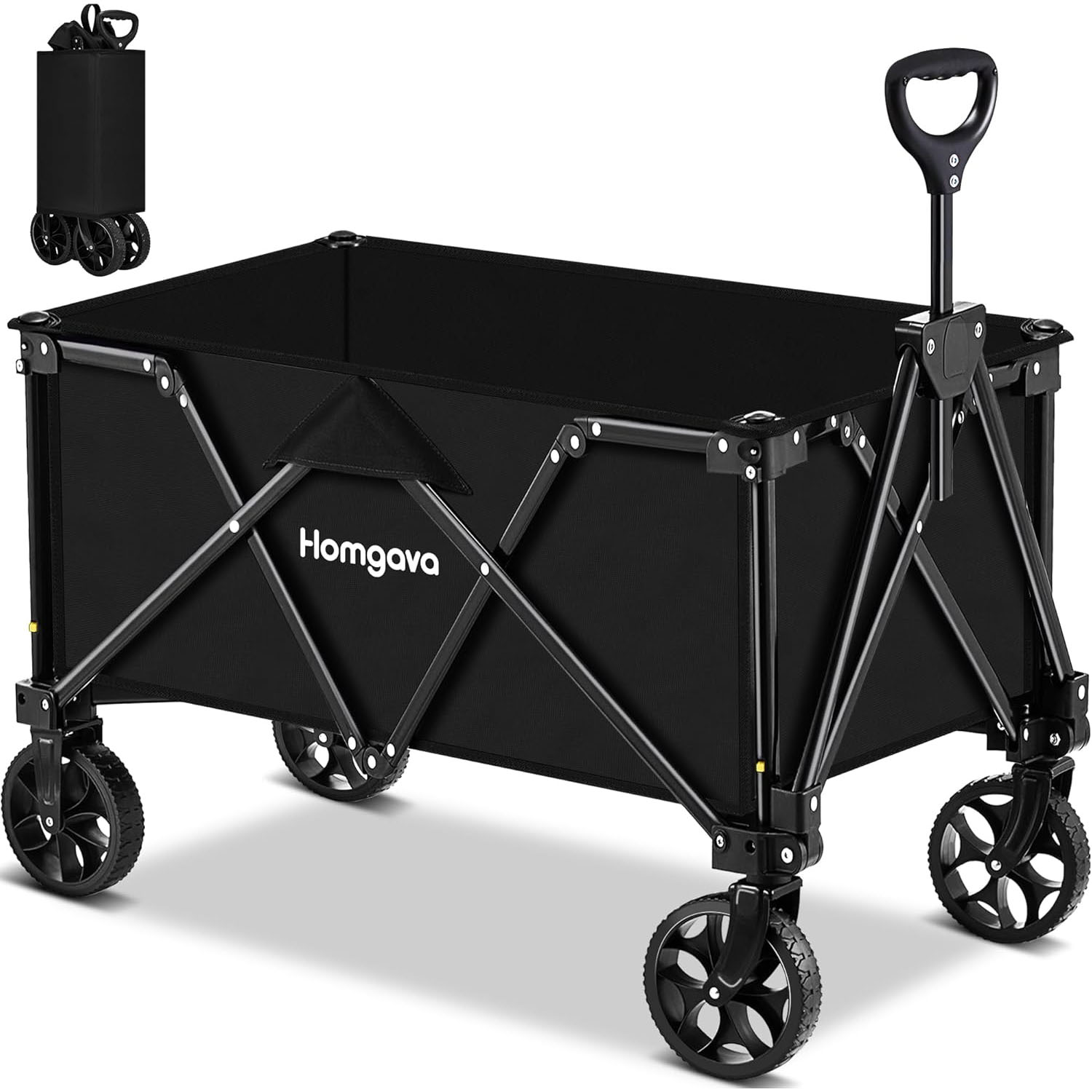 Collapsible utility wagon with a black frame and fabric, featuring four wheels and a handle. It includes a compact foldable design for easy storage.