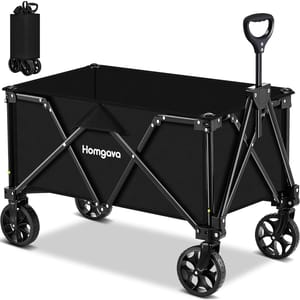 Collapsible utility wagon with a black frame and fabric, featuring four wheels and a handle. It includes a compact foldable design for easy storage.