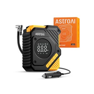 AstroAI portable air compressor tire inflator with digital display, 150 PSI capacity, and car power adapter, shown with its packaging.