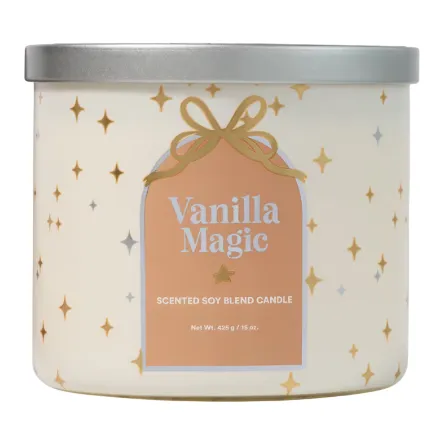 Vanilla Magic scented soy blend candle, 425g (15 oz), in a container with a silver lid and decorative stars.