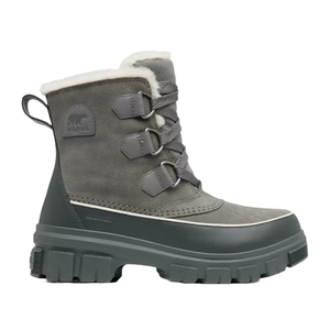 Women's waterproof boots in gray, featuring a lace-up design, plush lining, and durable rubber soles for traction. Subtle branding is visible on the side. Suitable for cold and wet conditions.