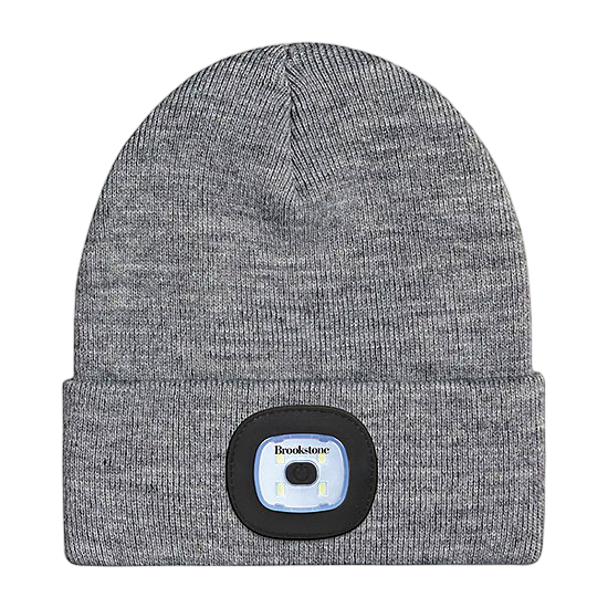 Gray knit beanie featuring a built-in LED light on the front, branded \“Brookstone\“.