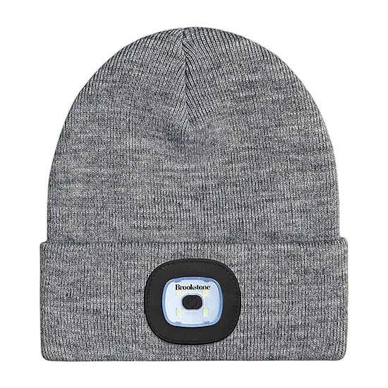 Gray knit beanie featuring a built-in LED light on the front, branded \“Brookstone\“.