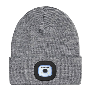 Gray knit beanie featuring a built-in LED light on the front, branded \“Brookstone\“.