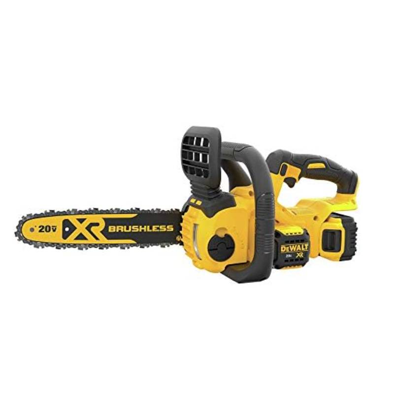 DEWALT 20V MAX XR Brushless Chainsaw Kit features a compact, lightweight design with a 20V lithium-ion battery, providing efficient cutting power for outdoor tasks.