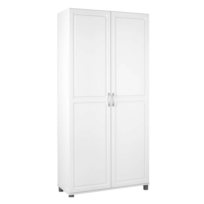 White double-door cabinet with simple handles and a minimalist design, standing on short legs.