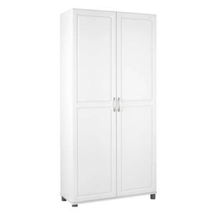 White double-door cabinet with simple handles and a minimalist design, standing on short legs.
