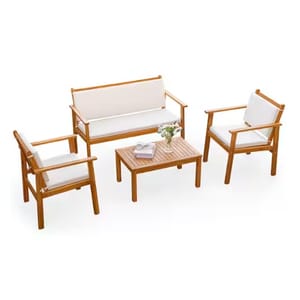 Outdoor furniture set with a wooden frame, including two armchairs, a loveseat, all with white cushions, and a matching rectangular coffee table.