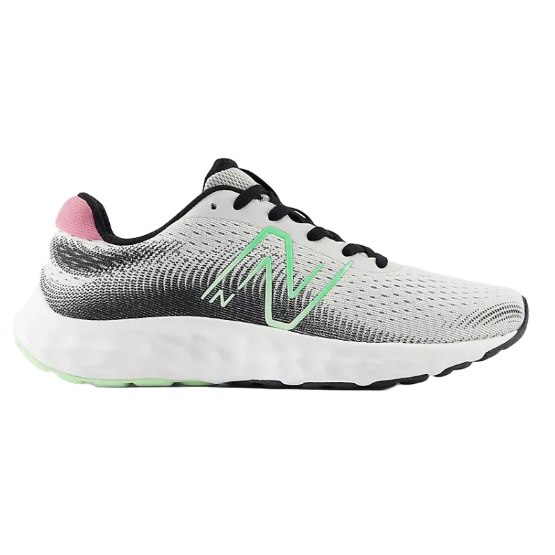 The New Balance 520v8 Shoes are running sneakers featuring a white mesh upper with black and pink accents, a mint green \“N\“ logo, and a cushioned white sole for comfort.