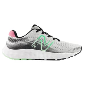 The New Balance 520v8 Shoes are running sneakers featuring a white mesh upper with black and pink accents, a mint green \“N\“ logo, and a cushioned white sole for comfort.