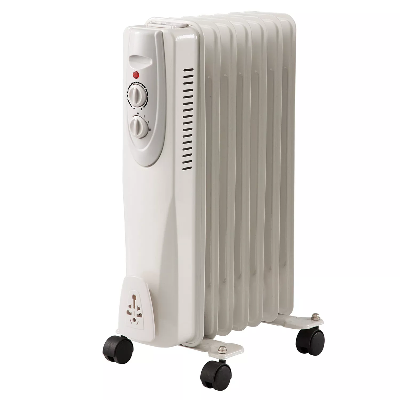 White oil-filled radiator heater with control dials and wheels for easy mobility.