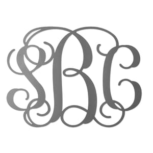Elegant metal monogram wall decor featuring the initials \“SBC\“ in a decorative script design, suitable for home or office display.