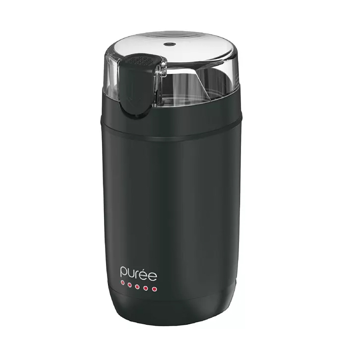 A black electric coffee grinder with a transparent lid and a modern, cylindrical design. It features the brand name \“purée\“ and a simple push-button operation for grinding beans.