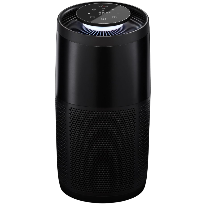 Black cylindrical air purifier with a touch control panel on top and perforated sides for airflow.