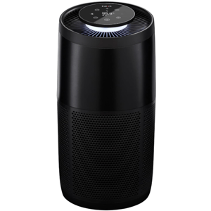 Black cylindrical air purifier with a touch control panel on top and perforated sides for airflow.