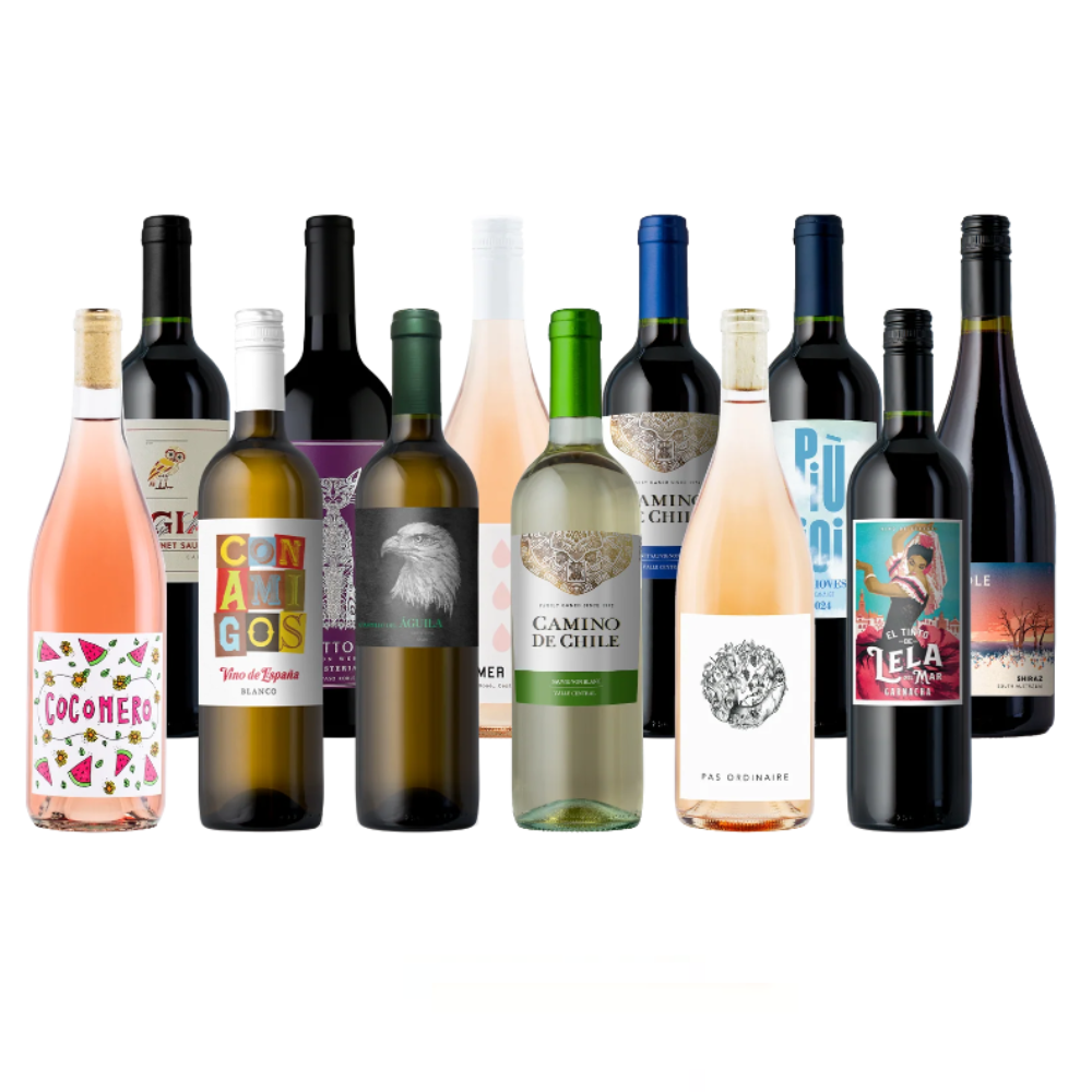 An assortment of wine bottles featuring various types and labels, including rosé, red, and white wines, with colorful and distinctive packaging designs.
