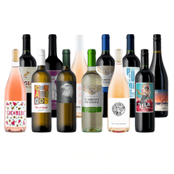 An assortment of wine bottles featuring various types and labels, including rosé, red, and white wines, with colorful and distinctive packaging designs.