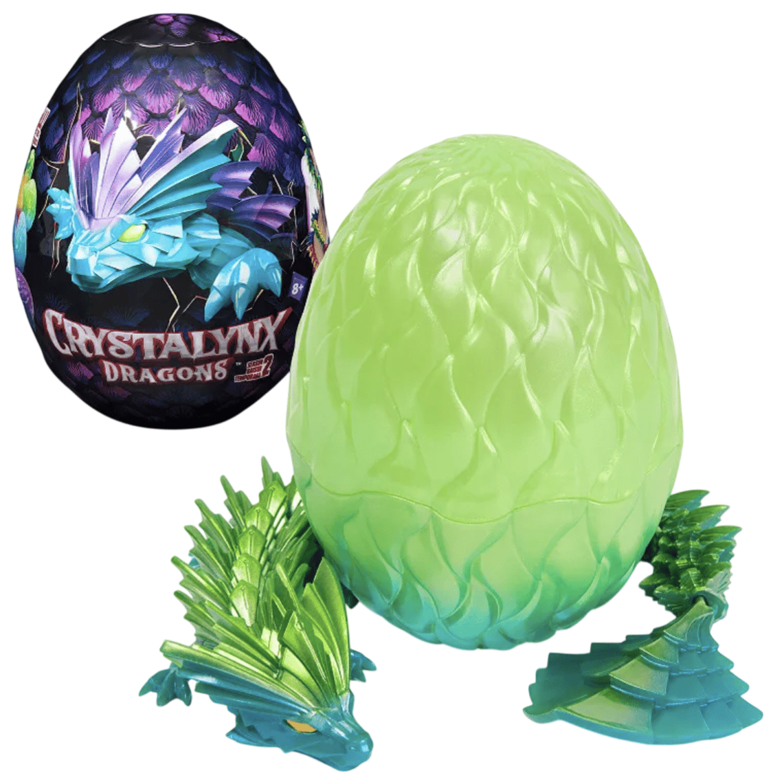 Crystallynx Dragons mystery egg with a green textured shell containing dragon figure parts.