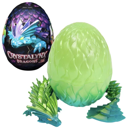 Crystallynx Dragons mystery egg with a green textured shell containing dragon figure parts.