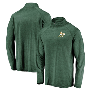 Green long-sleeve pullover featuring the Oakland Athletics logo on the front, with a quarter-zip design and a relaxed fit.
