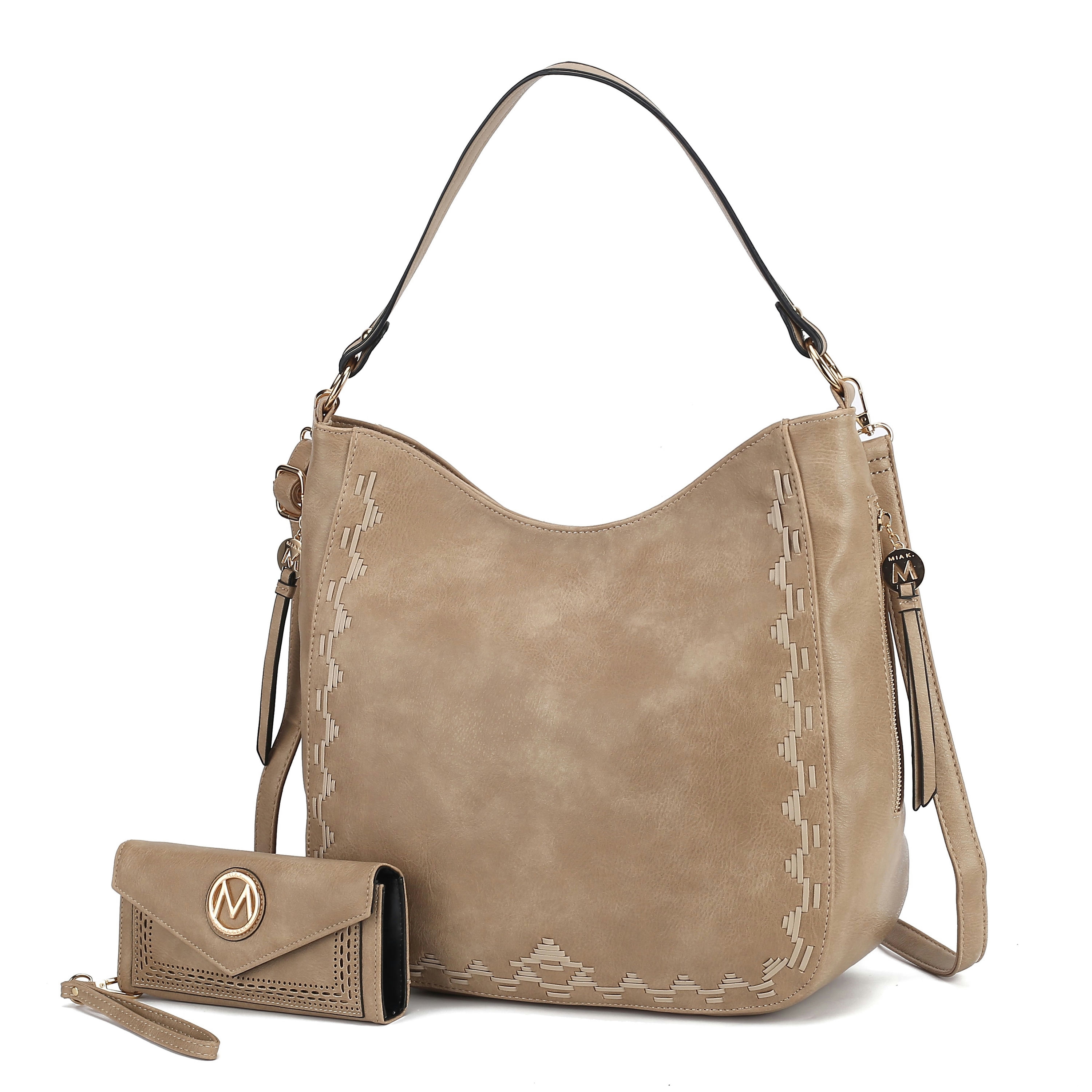 A beige 2-piece set featuring a shoulder bag with subtle aztec-patterned accents and a detachable strap, paired with a matching wallet adorned with a circular \“M\“ logo on the flap.