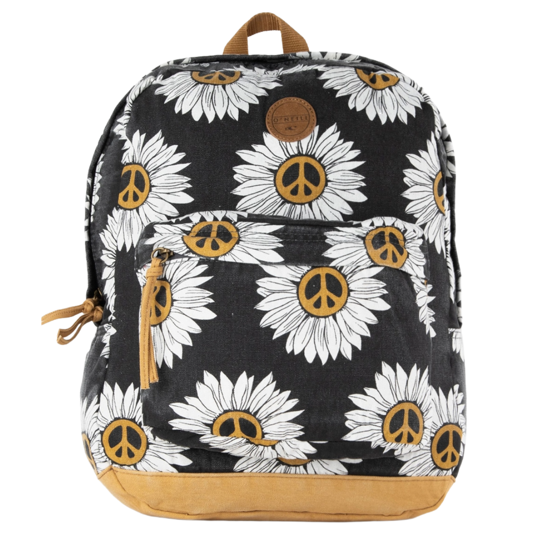 A black backpack with a sunflower pattern featuring peace signs, a front zippered pocket with a tassel, and a tan bottom section.