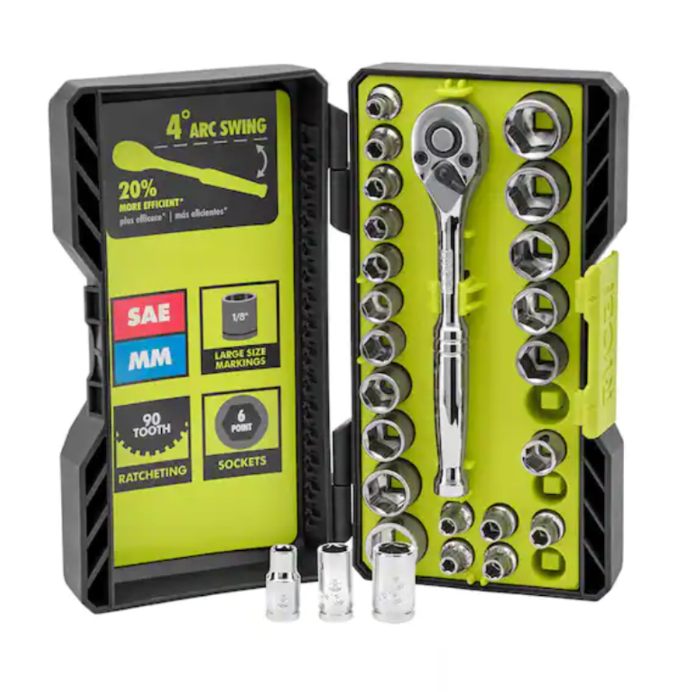 This is a socket wrench set with various sockets, featuring a 90-tooth ratcheting mechanism, 6-point design, and both SAE and metric sizes. It offers a 4° arc swing for efficient use.