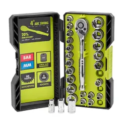 This is a socket wrench set with various sockets, featuring a 90-tooth ratcheting mechanism, 6-point design, and both SAE and metric sizes. It offers a 4° arc swing for efficient use.