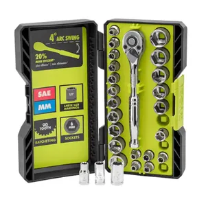 This is a socket wrench set with various sockets, featuring a 90-tooth ratcheting mechanism, 6-point design, and both SAE and metric sizes. It offers a 4° arc swing for efficient use.