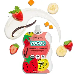 Little Spoon YOGOS strawberry bananza, an organic snack with whole milk Greek yogurt, banana, pumpkin, and vanilla bean, featuring probiotics, 4g of protein, and 0g of added sugar.