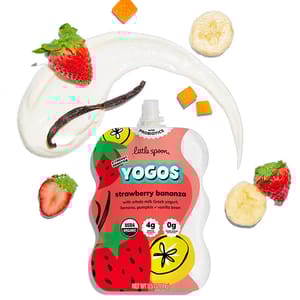 Little Spoon YOGOS strawberry bananza, an organic snack with whole milk Greek yogurt, banana, pumpkin, and vanilla bean, featuring probiotics, 4g of protein, and 0g of added sugar.