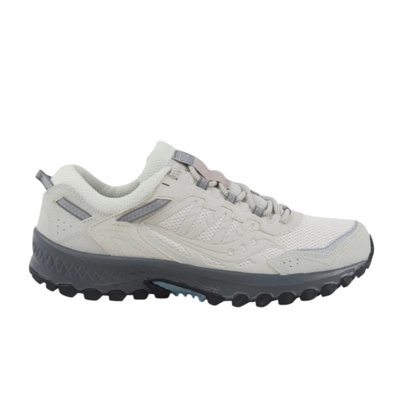 A light gray and black trail running shoe featuring a breathable mesh upper, durable overlays, and a rugged outsole for enhanced traction.