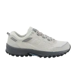 A light gray and black trail running shoe featuring a breathable mesh upper, durable overlays, and a rugged outsole for enhanced traction.