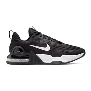 A black and white athletic sneaker with a visible air cushioning unit in the heel.