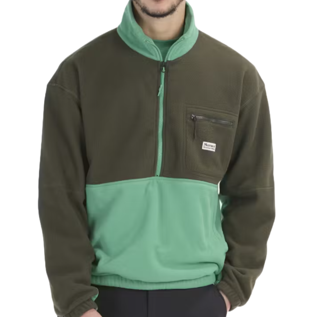 The Marmot Retro Rocklin Jacket features a two-tone design with dark green on the top and mint green on the lower half, a half-zip front, and a small zippered chest pocket with a Marmot logo patch.